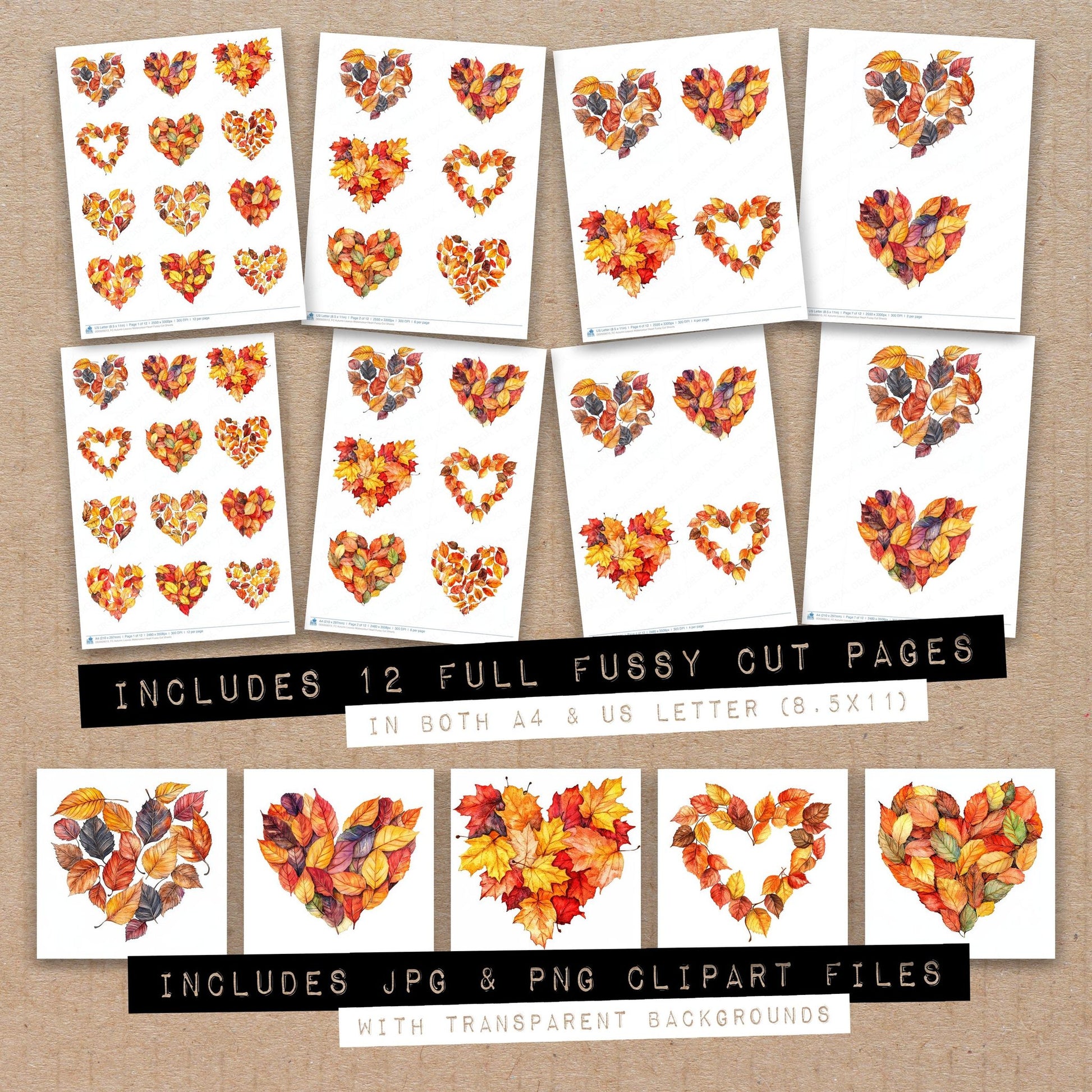 Full collection view of Autumn Leaves Watercolour Heart fussy cut sheets with bonus clipart JPG and PNG files