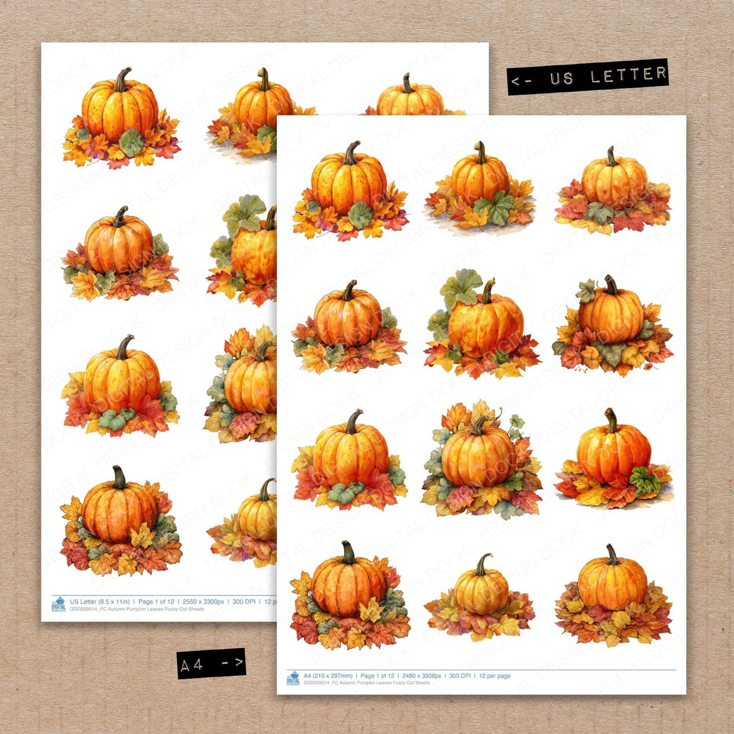 A4 and US Letter format comparison showing Autumn Pumpkin Leaves fussy cut pages for print and cut crafting