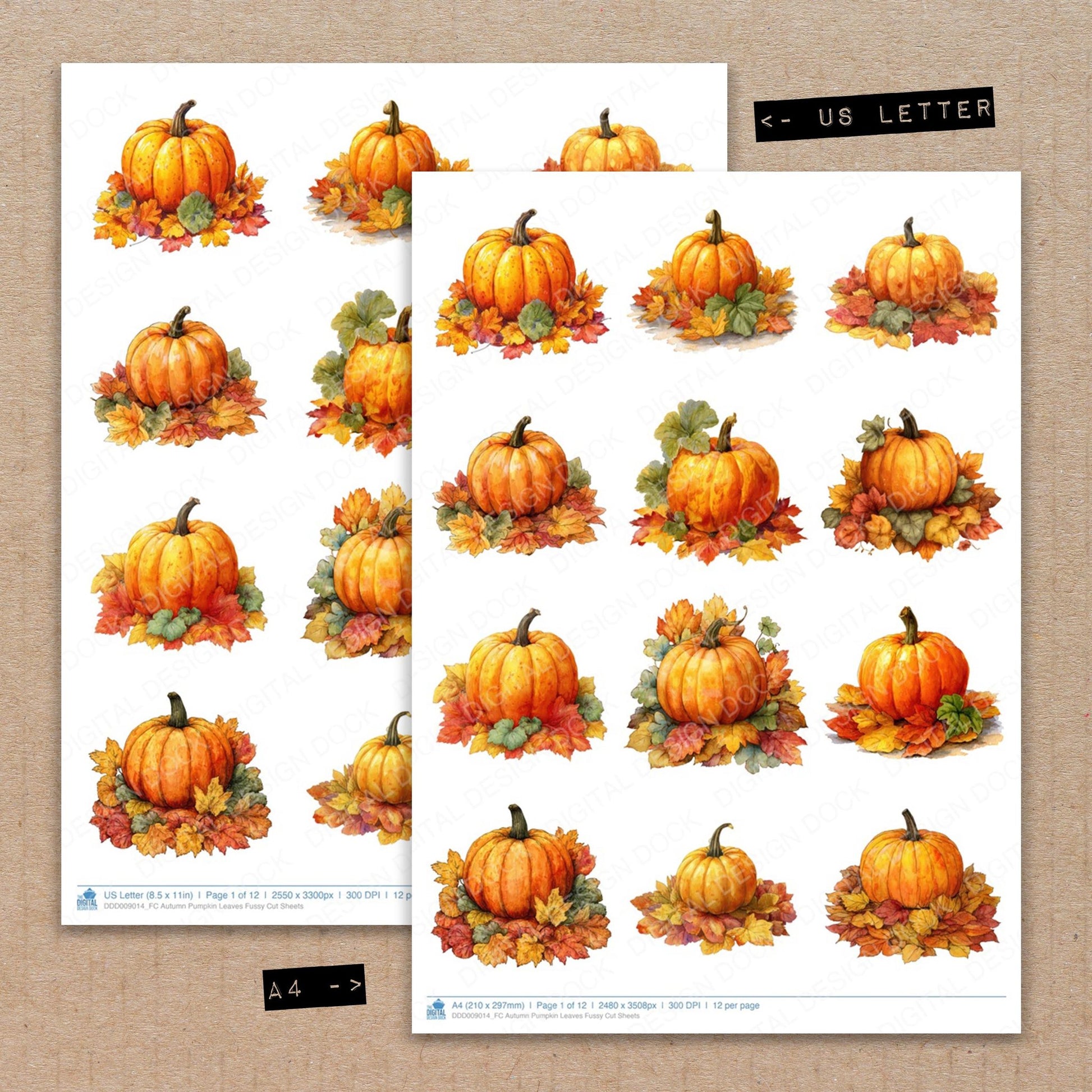 A4 and US Letter format comparison showing Autumn Pumpkin Leaves fussy cut pages for print and cut crafting