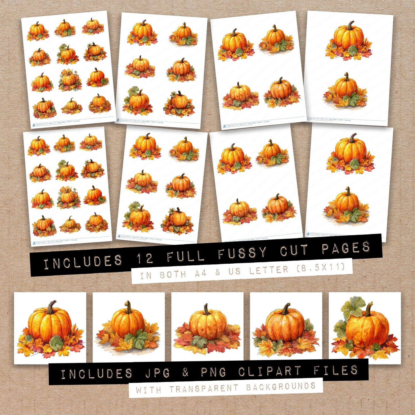 Full collection view of Autumn Pumpkin Leaves fussy cut sheets with bonus clipart JPG and PNG files