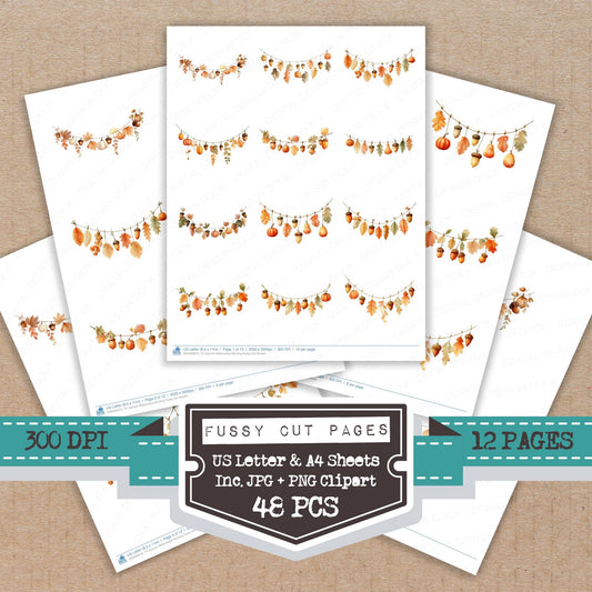 Autumn Watercolour Bunting fussy cut printable sheets for junk journaling, scrapbooking, and paper craft projects