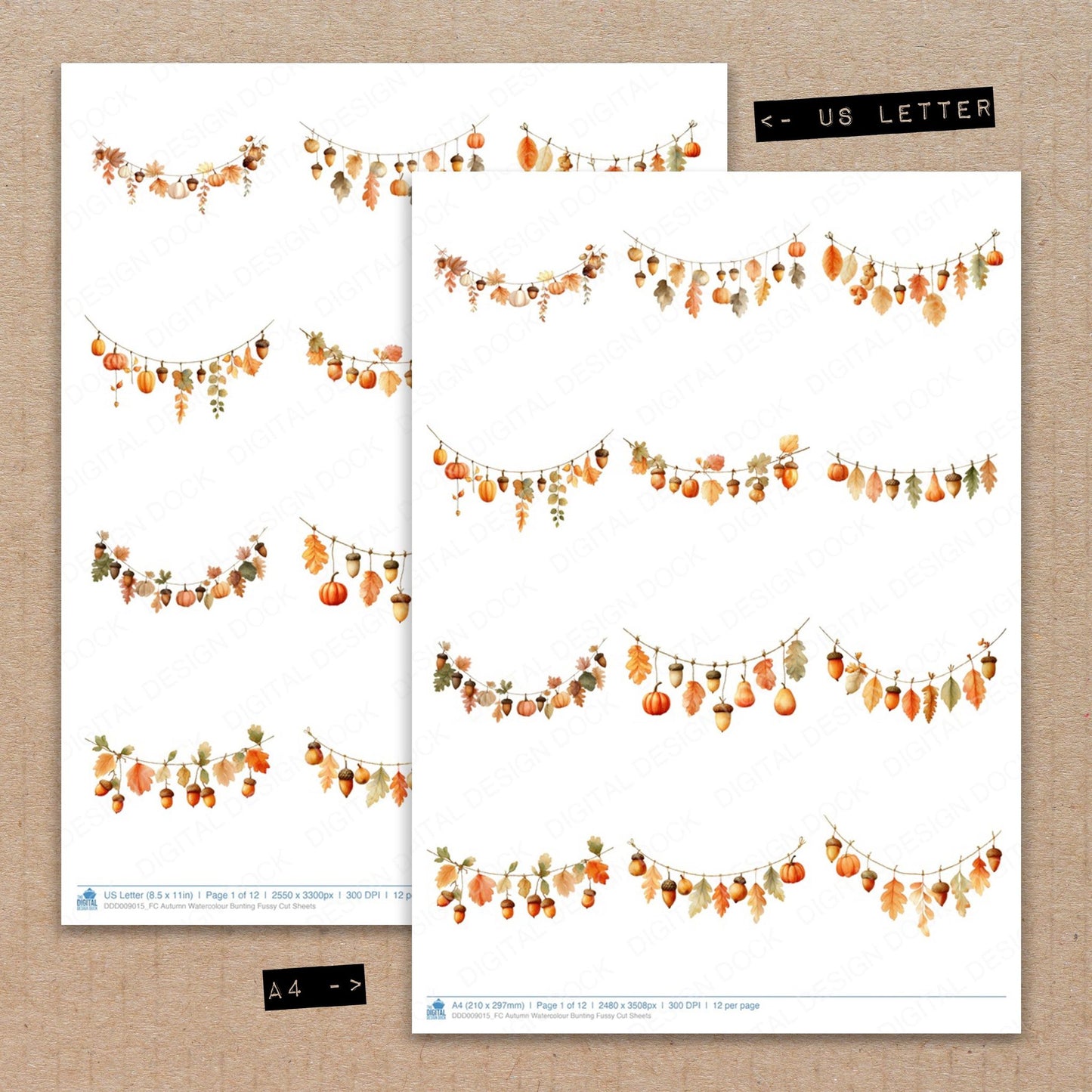 A4 and US Letter format comparison showing Autumn Watercolour Bunting fussy cut pages for print and cut crafting