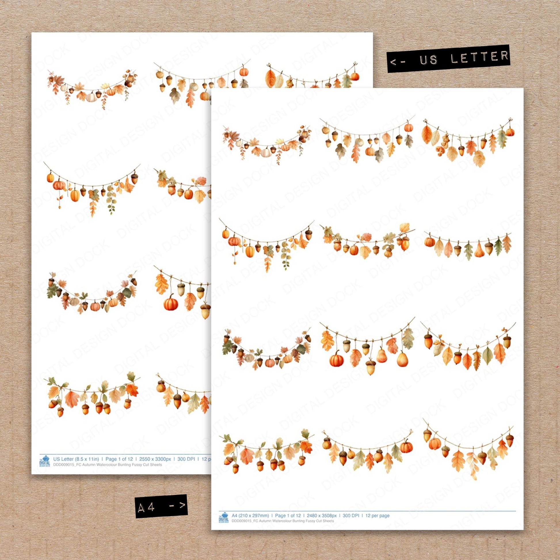 A4 and US Letter format comparison showing Autumn Watercolour Bunting fussy cut pages for print and cut crafting