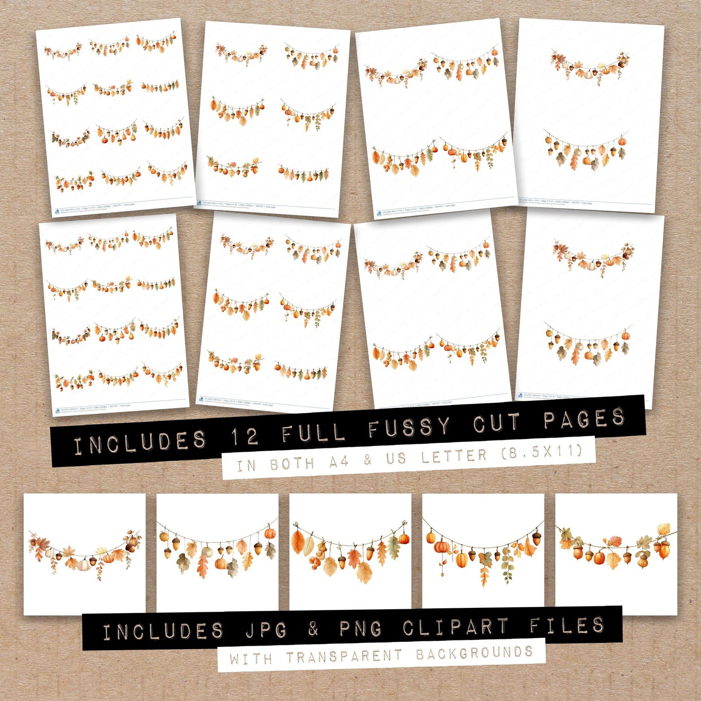Full collection view of Autumn Watercolour Bunting fussy cut sheets with bonus clipart JPG and PNG files