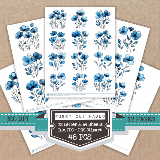 Azure Abstract Flowers fussy cut printable sheets for junk journaling, scrapbooking, and paper craft projects