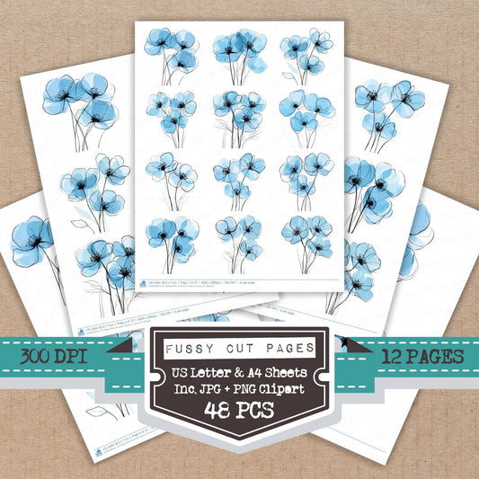 Baby Blue Abstract Flowers Fussy Cut Sheets (DDD009018)