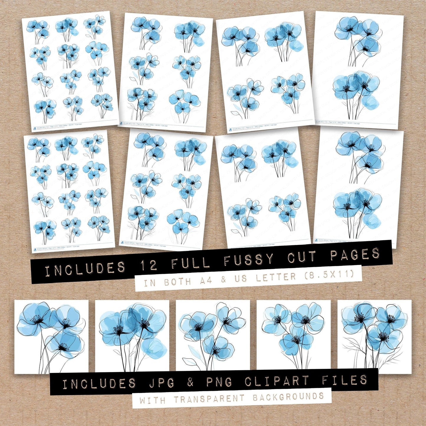 Baby Blue Abstract Flowers Fussy Cut Sheets (DDD009018)
