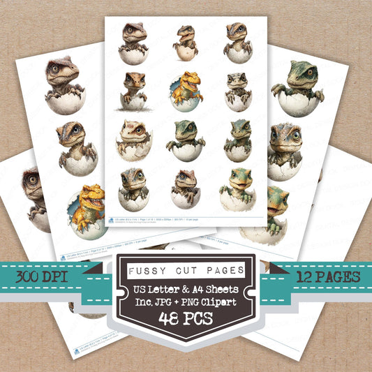 Baby Dino Egg fussy cut printable sheets for junk journaling, scrapbooking, and paper craft projects