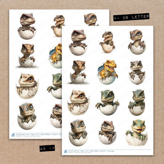 A4 and US Letter format comparison showing Baby Dino Egg fussy cut pages for print and cut crafting