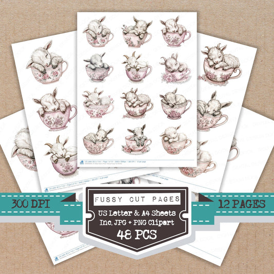 Baby Goat in Rose Teacup fussy cut printable sheets for junk journaling, scrapbooking, and paper craft projects