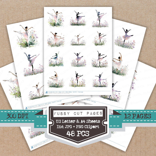 Ballerina in Wildflower Field fussy cut printable sheets for junk journaling, scrapbooking, and paper craft projects