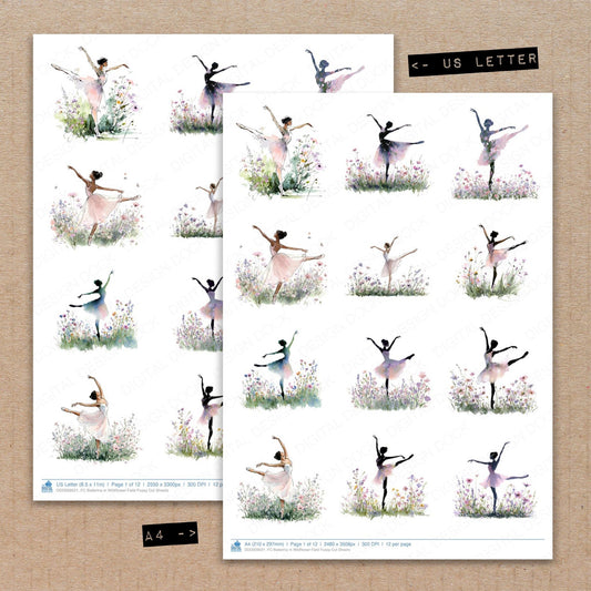 A4 and US Letter format comparison showing Ballerina in Wildflower Field fussy cut pages for print and cut crafting