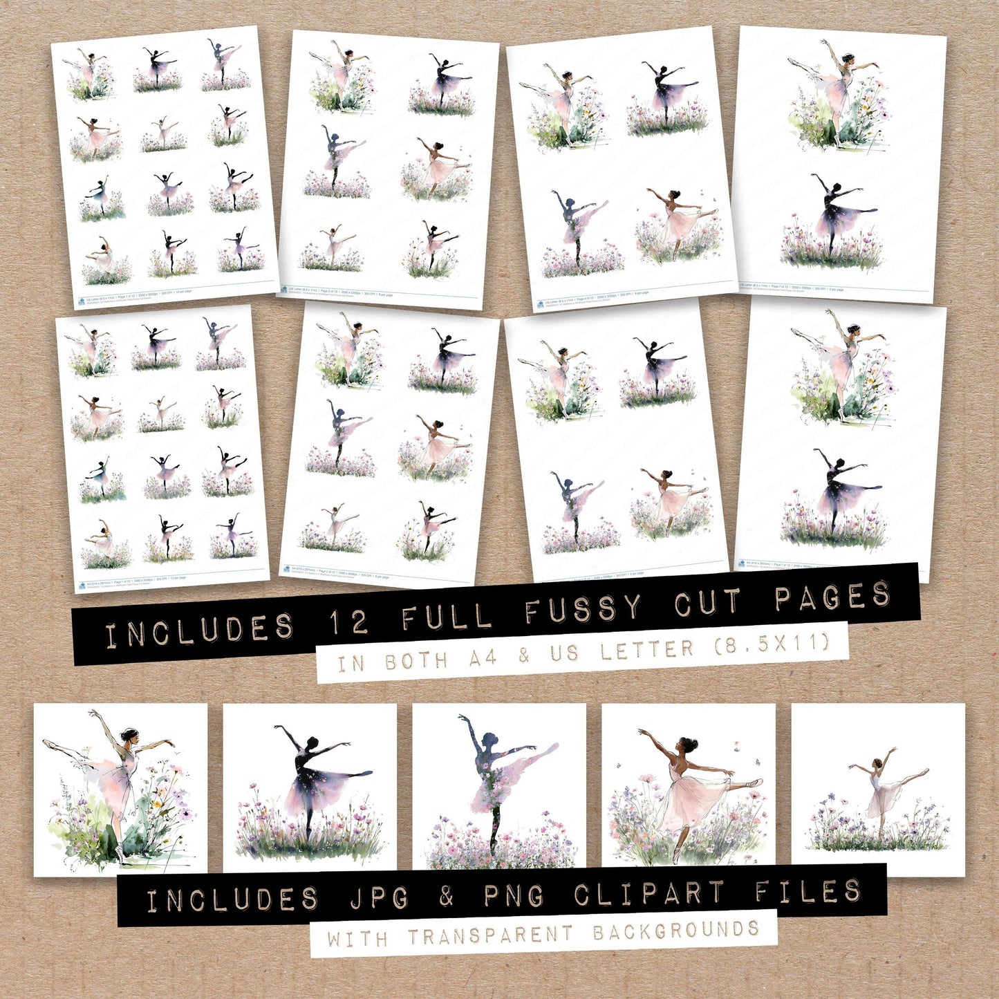 Full collection view of Ballerina in Wildflower Field fussy cut sheets with bonus clipart JPG and PNG files