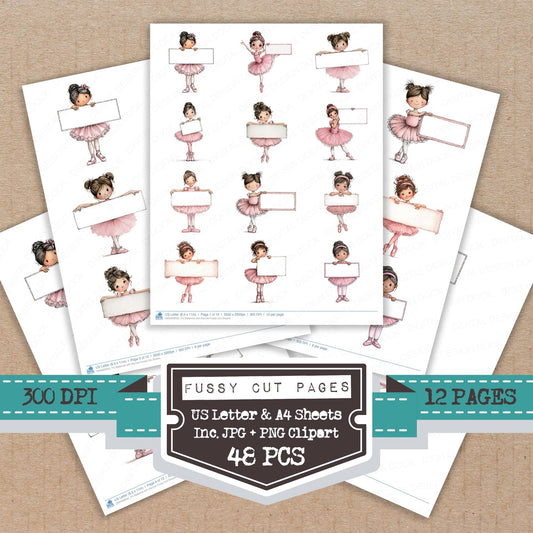 Ballerina with Banner fussy cut printable sheets for junk journaling, scrapbooking, and paper craft projects