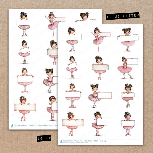 A4 and US Letter format comparison showing Ballerina with Banner fussy cut pages for print and cut crafting