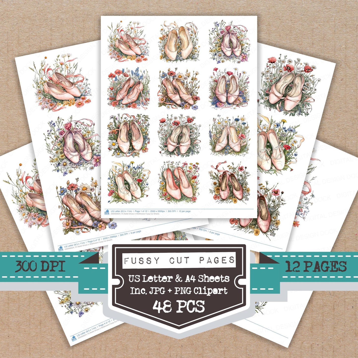 Ballet Shoes in Wildflowers fussy cut printable sheets for junk journaling, scrapbooking, and paper craft projects