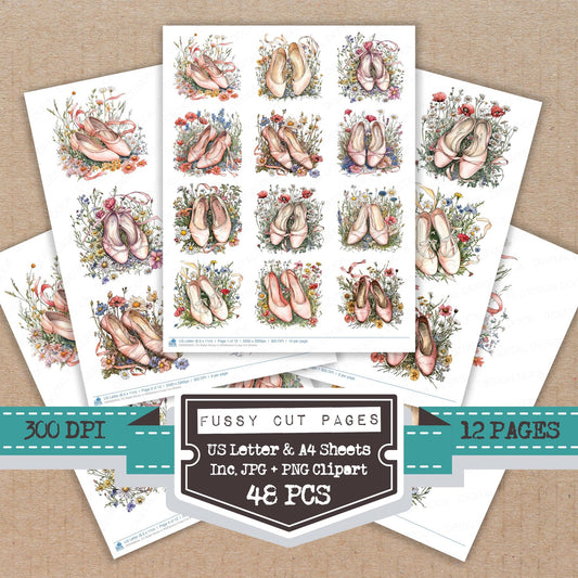 Ballet Shoes in Wildflowers fussy cut printable sheets for junk journaling, scrapbooking, and paper craft projects