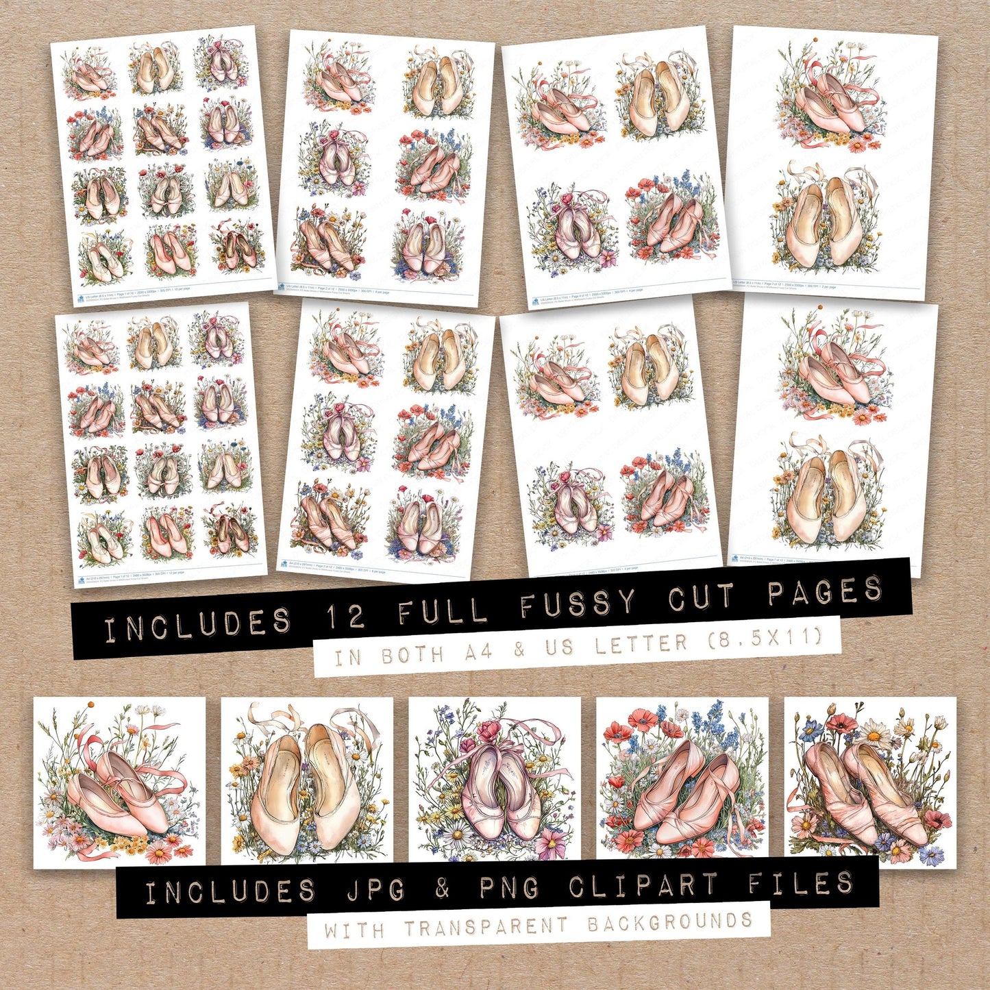 Full collection view of Ballet Shoes in Wildflowers fussy cut sheets with bonus clipart JPG and PNG files