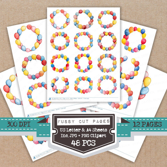 Balloon Frame Birthday fussy cut printable sheets for junk journaling, scrapbooking, and paper craft projects