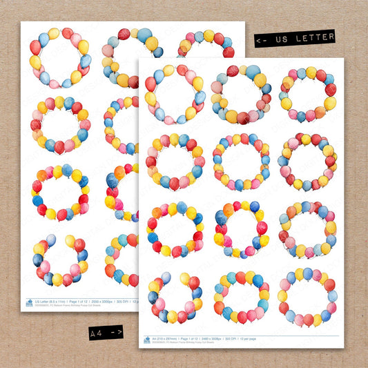 A4 and US Letter format comparison showing Balloon Frame Birthday fussy cut pages for print and cut crafting
