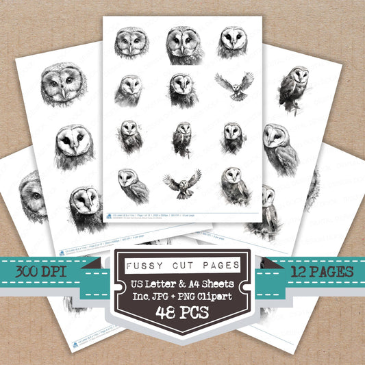 Barn Owl Charcoal Sketch fussy cut printable sheets for junk journaling, scrapbooking, and paper craft projects