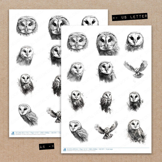 A4 and US Letter format comparison showing Barn Owl Charcoal Sketch fussy cut pages for print and cut crafting