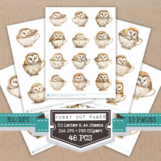 Barn Owl in Feather Teacup fussy cut printable sheets for junk journaling, scrapbooking, and paper craft projects