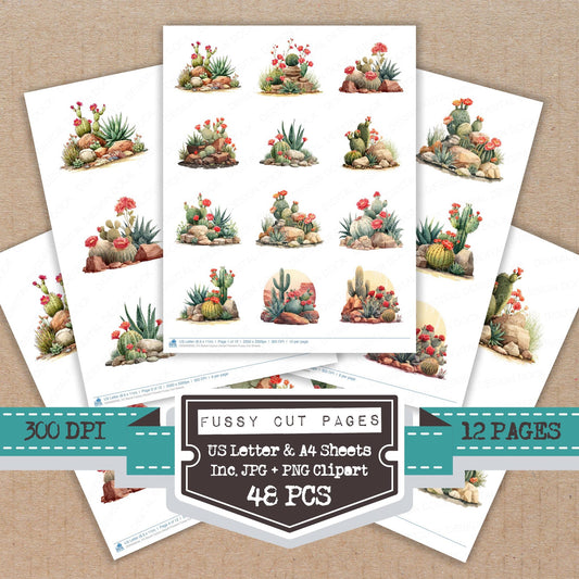 Barrel Cactus Desert Flowers fussy cut printable sheets for junk journaling, scrapbooking, and paper craft projects