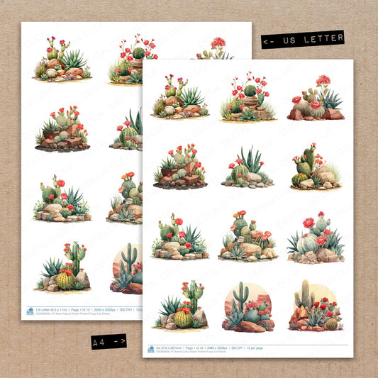 A4 and US Letter format comparison showing Barrel Cactus Desert Flowers fussy cut pages for print and cut crafting