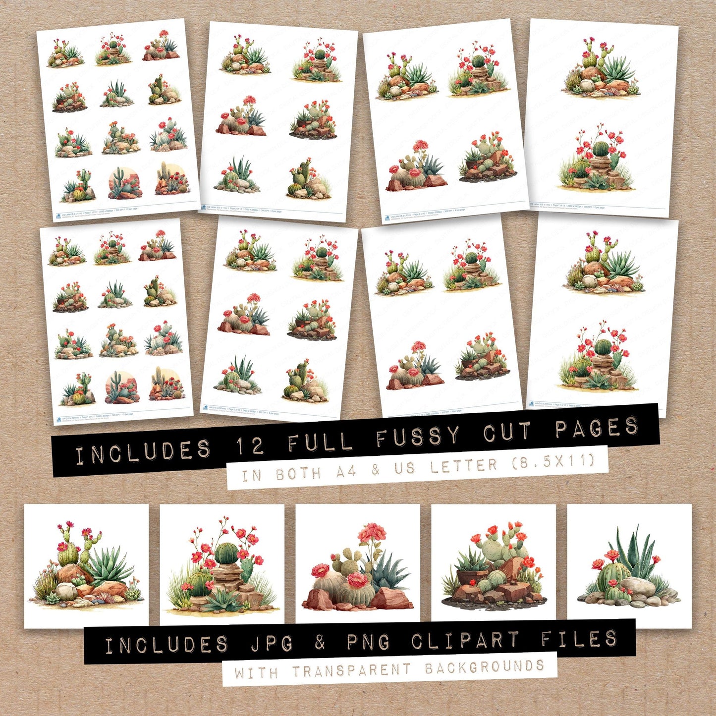 Full collection view of Barrel Cactus Desert Flowers fussy cut sheets with bonus clipart JPG and PNG files