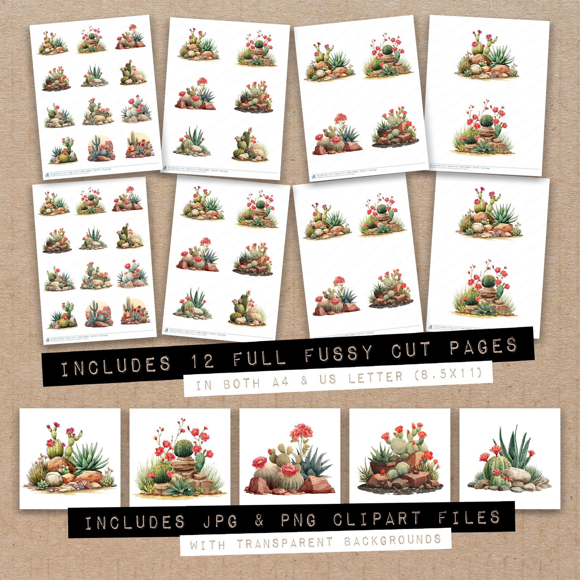 Full collection view of Barrel Cactus Desert Flowers fussy cut sheets with bonus clipart JPG and PNG files