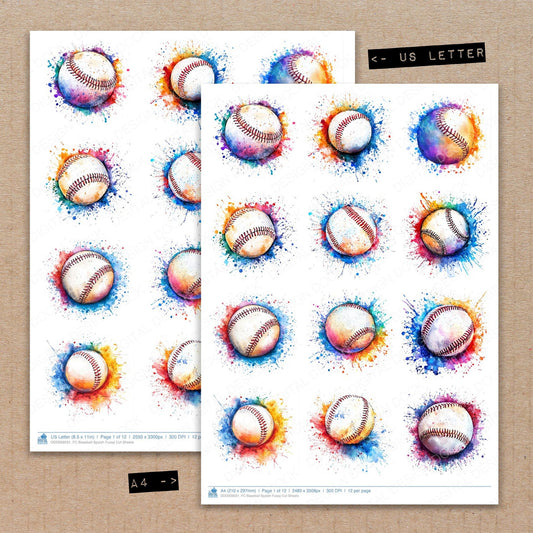 A4 and US Letter format comparison showing Baseball Spalsh fussy cut pages for print and cut crafting