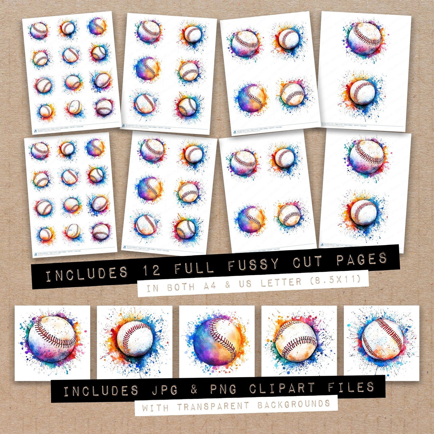 Full collection view of Baseball Spalsh fussy cut sheets with bonus clipart JPG and PNG files