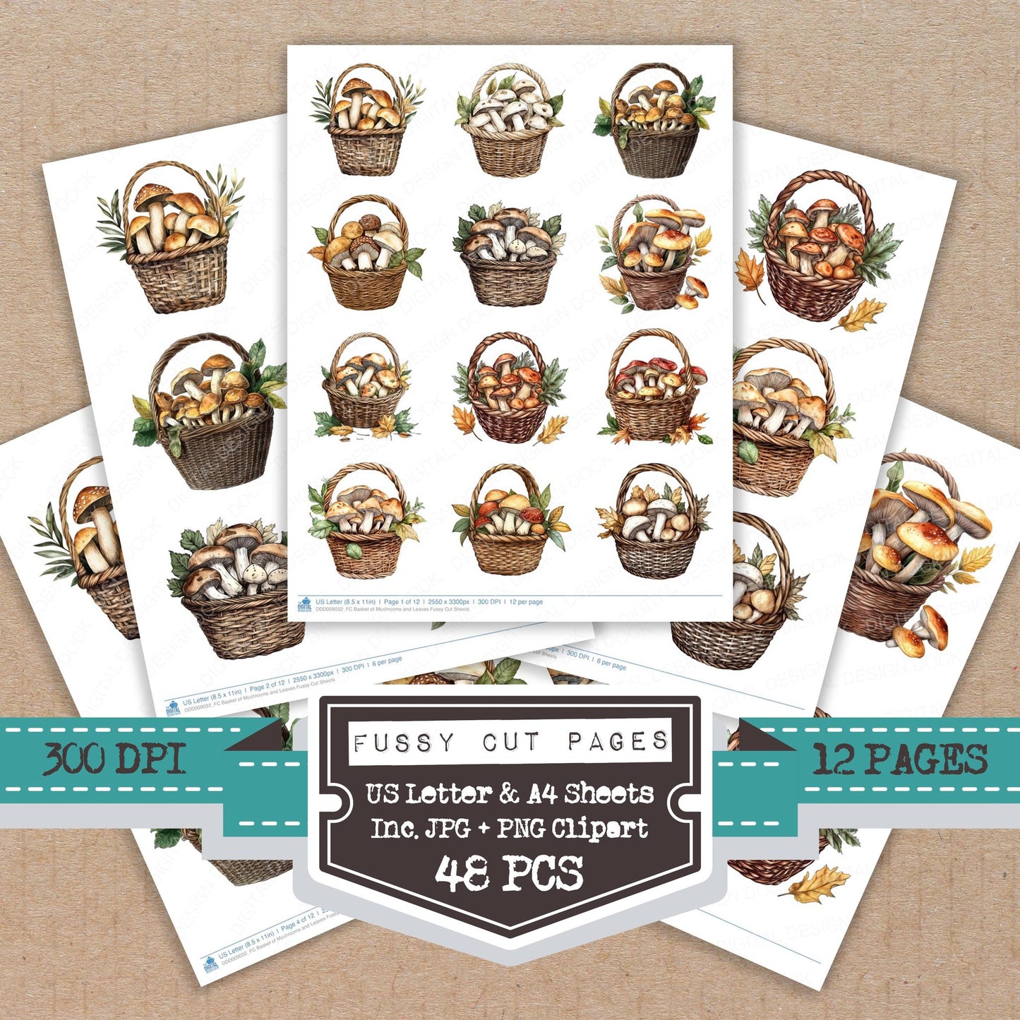 Basket of Mushrooms and Leaves fussy cut printable sheets for junk journaling, scrapbooking, and paper craft projects