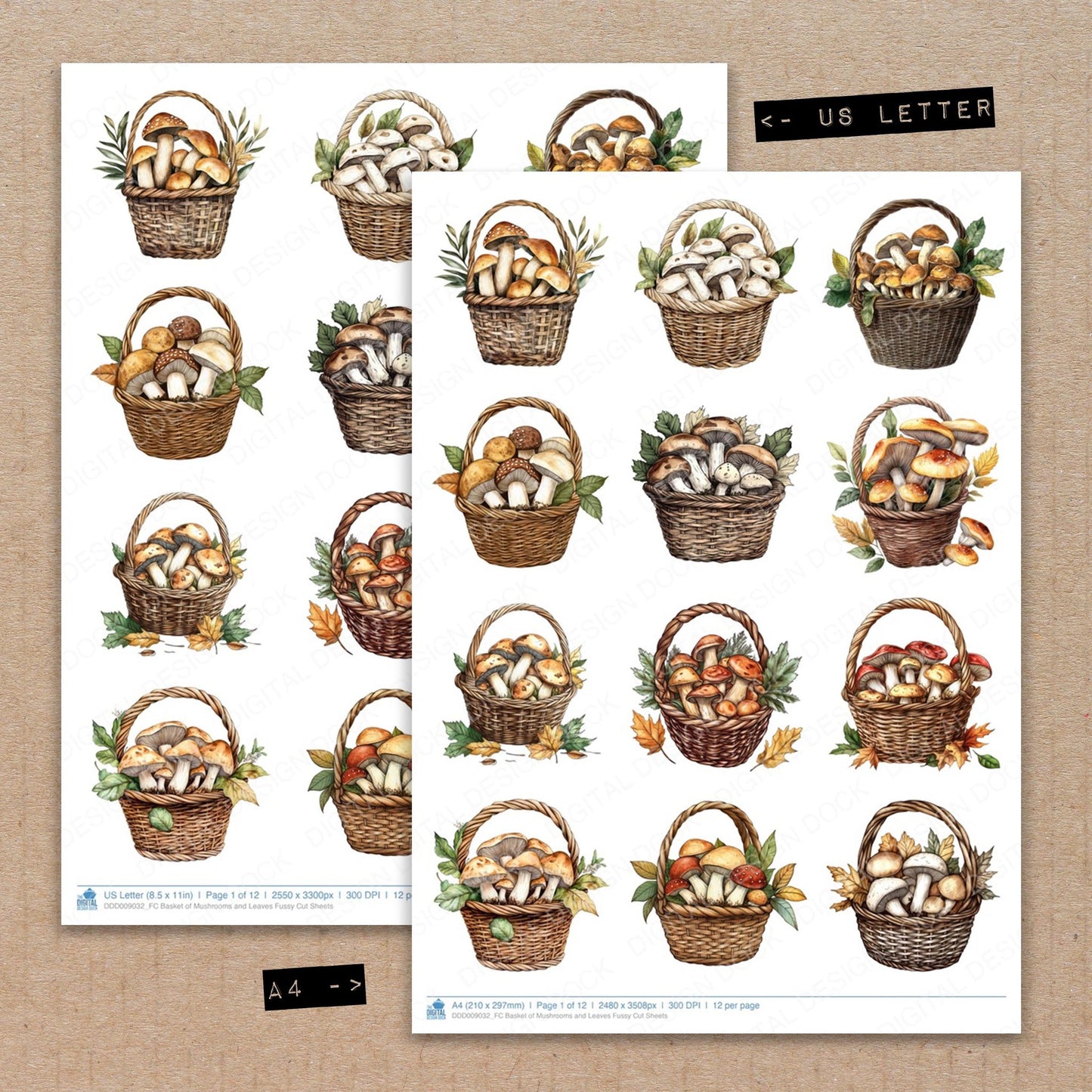 A4 and US Letter format comparison showing Basket of Mushrooms and Leaves fussy cut pages for print and cut crafting