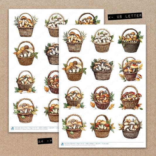 A4 and US Letter format comparison showing Basket of Mushrooms and Leaves fussy cut pages for print and cut crafting