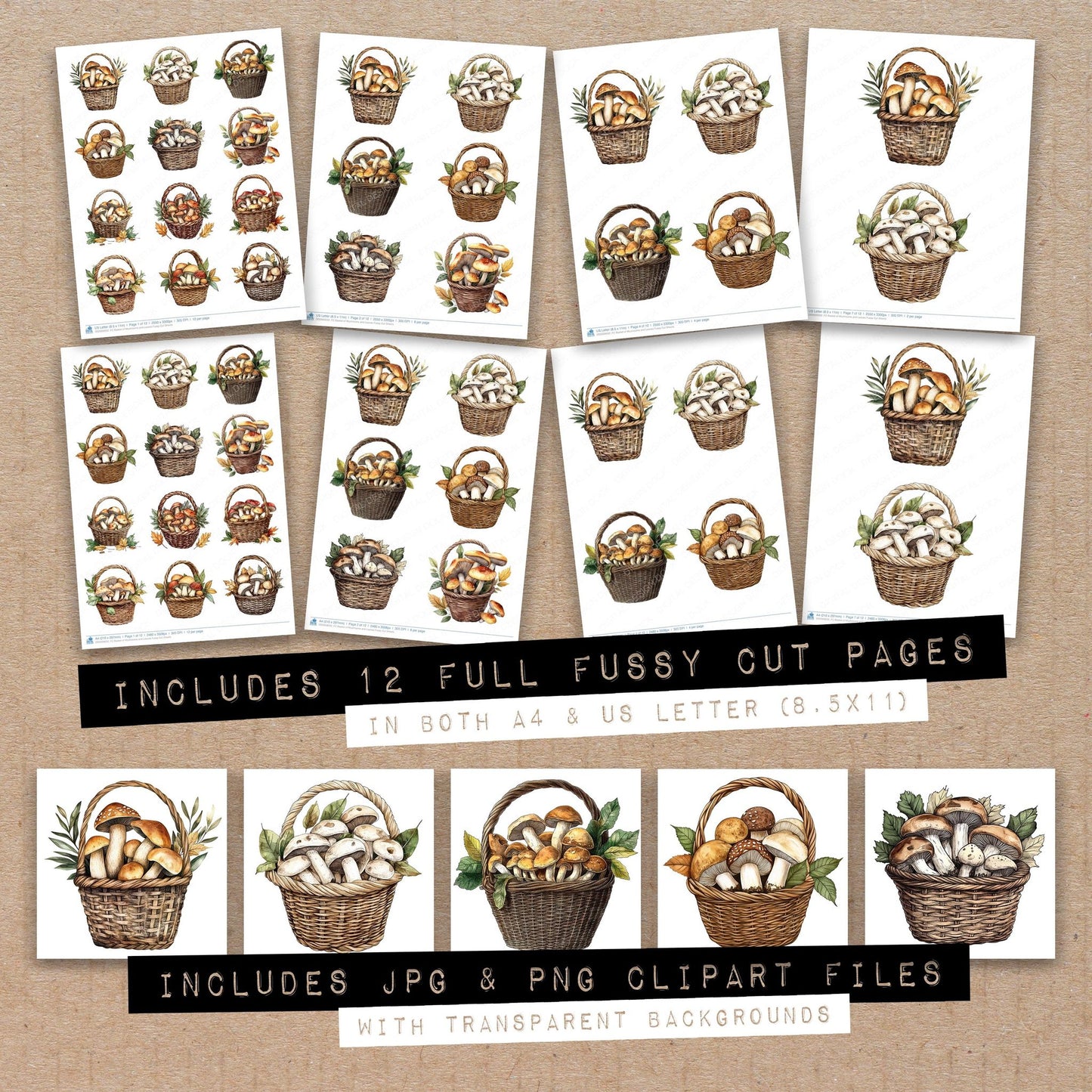 Full collection view of Basket of Mushrooms and Leaves fussy cut sheets with bonus clipart JPG and PNG files