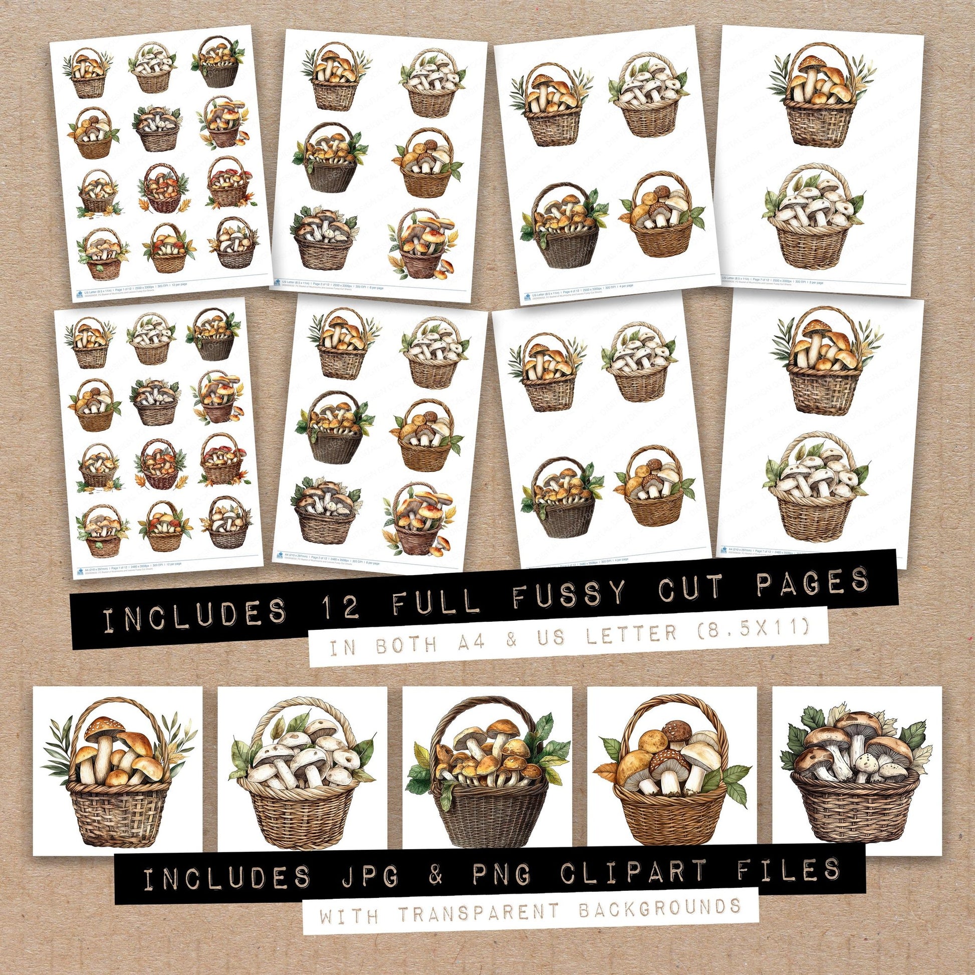 Full collection view of Basket of Mushrooms and Leaves fussy cut sheets with bonus clipart JPG and PNG files