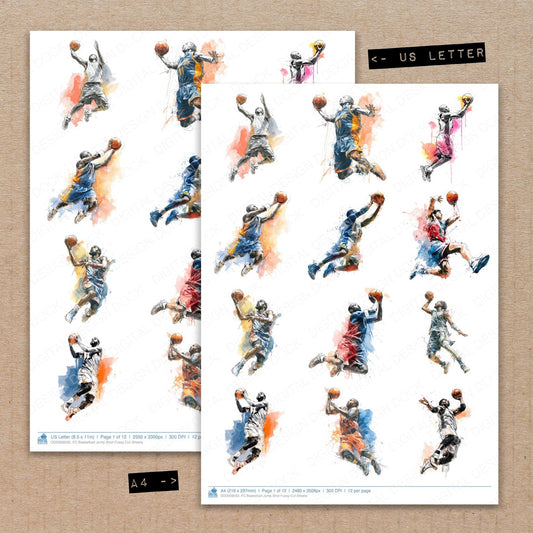 A4 and US Letter format comparison showing Basketball Jump Shot fussy cut pages for print and cut crafting