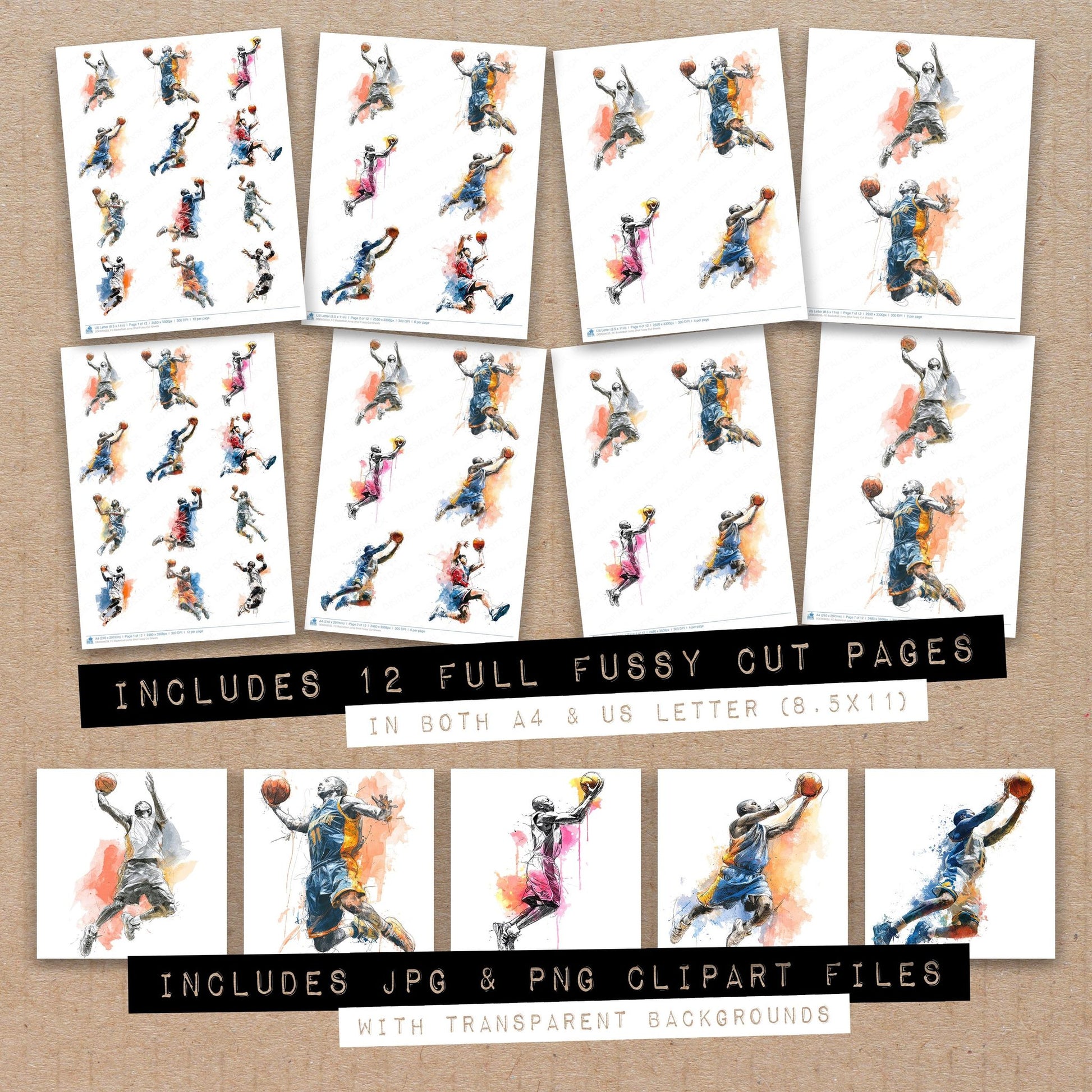 Full collection view of Basketball Jump Shot fussy cut sheets with bonus clipart JPG and PNG files