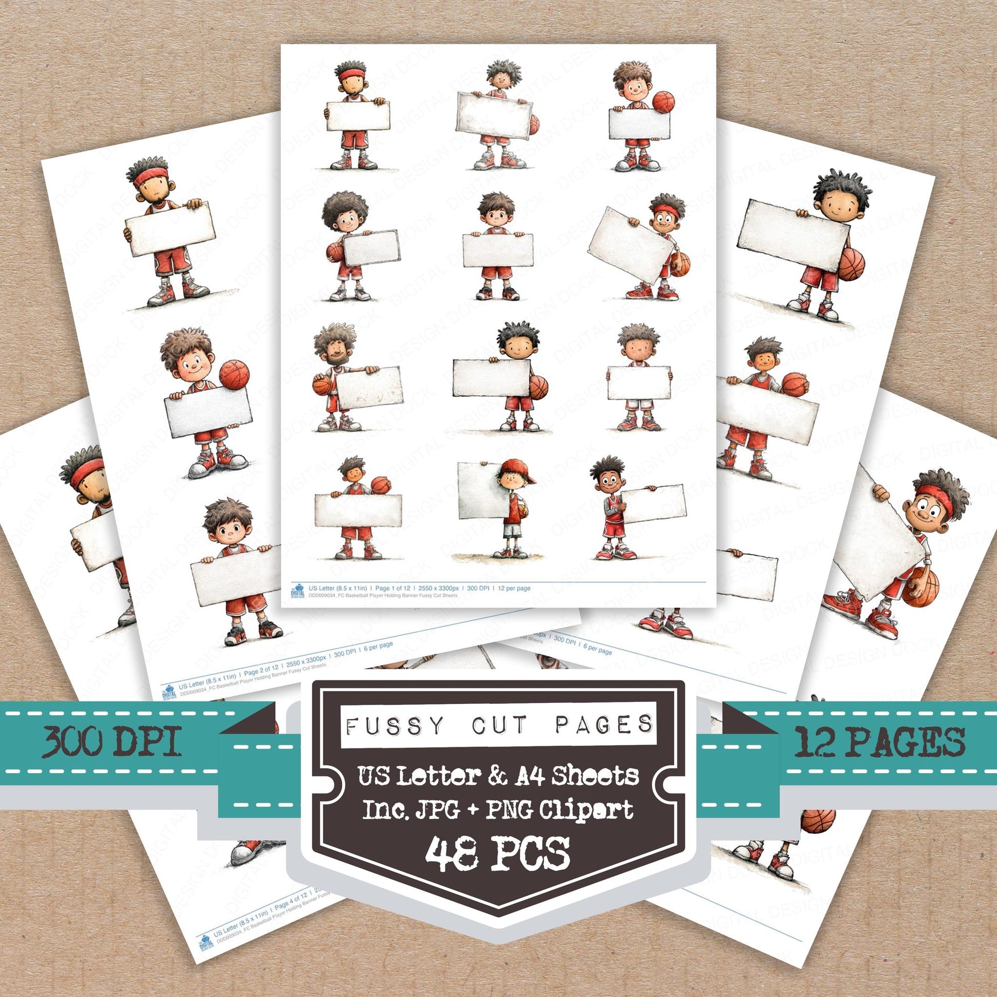 Basketball Player Holding Banner fussy cut printable sheets for junk journaling, scrapbooking, and paper craft projects