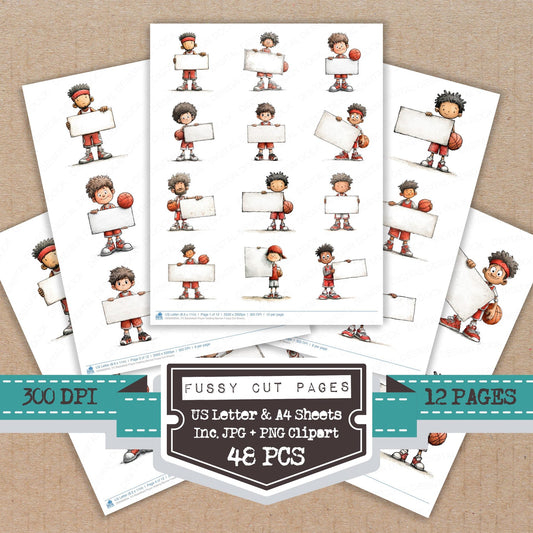 Basketball Player Holding Banner fussy cut printable sheets for junk journaling, scrapbooking, and paper craft projects