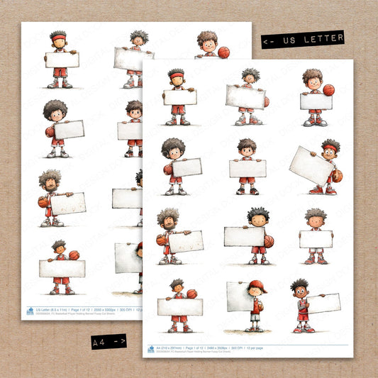 A4 and US Letter format comparison showing Basketball Player Holding Banner fussy cut pages for print and cut crafting