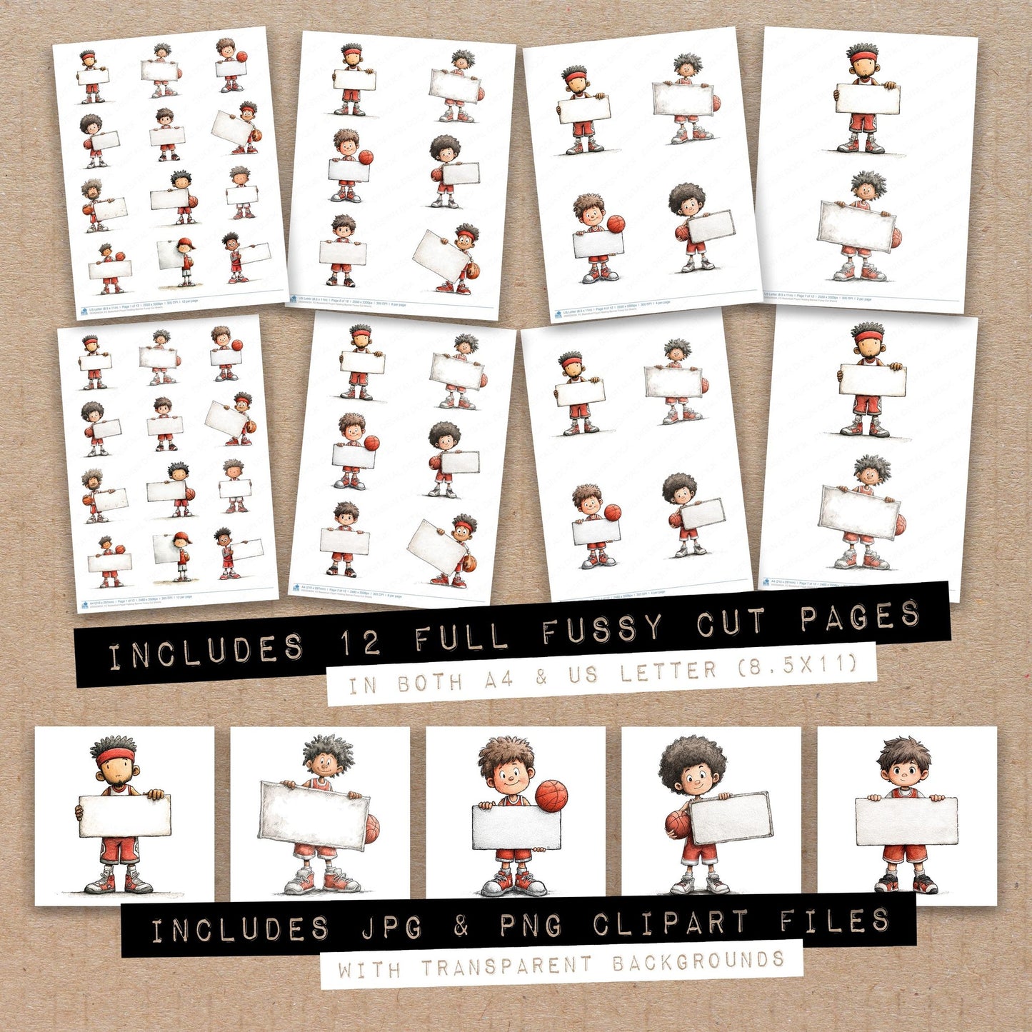 Full collection view of Basketball Player Holding Banner fussy cut sheets with bonus clipart JPG and PNG files