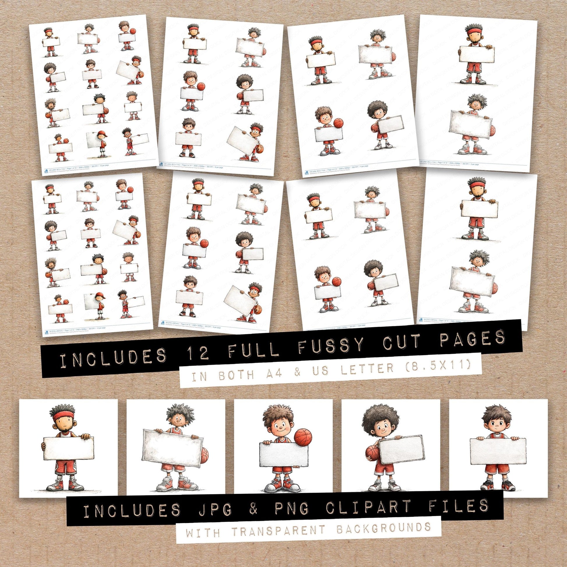 Full collection view of Basketball Player Holding Banner fussy cut sheets with bonus clipart JPG and PNG files