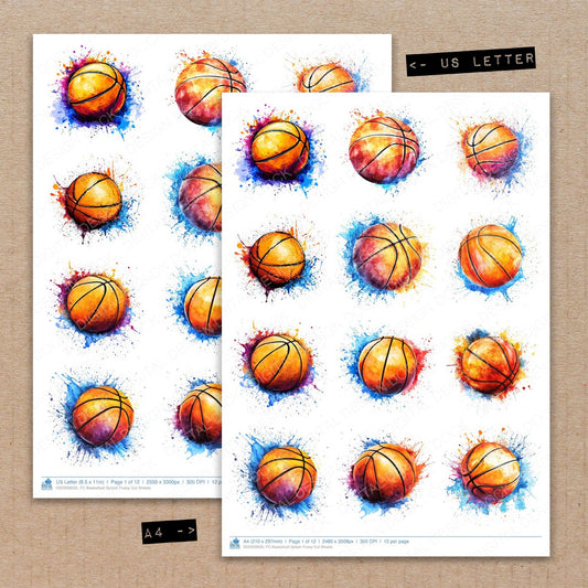 A4 and US Letter format comparison showing Basketball Splash fussy cut pages for print and cut crafting