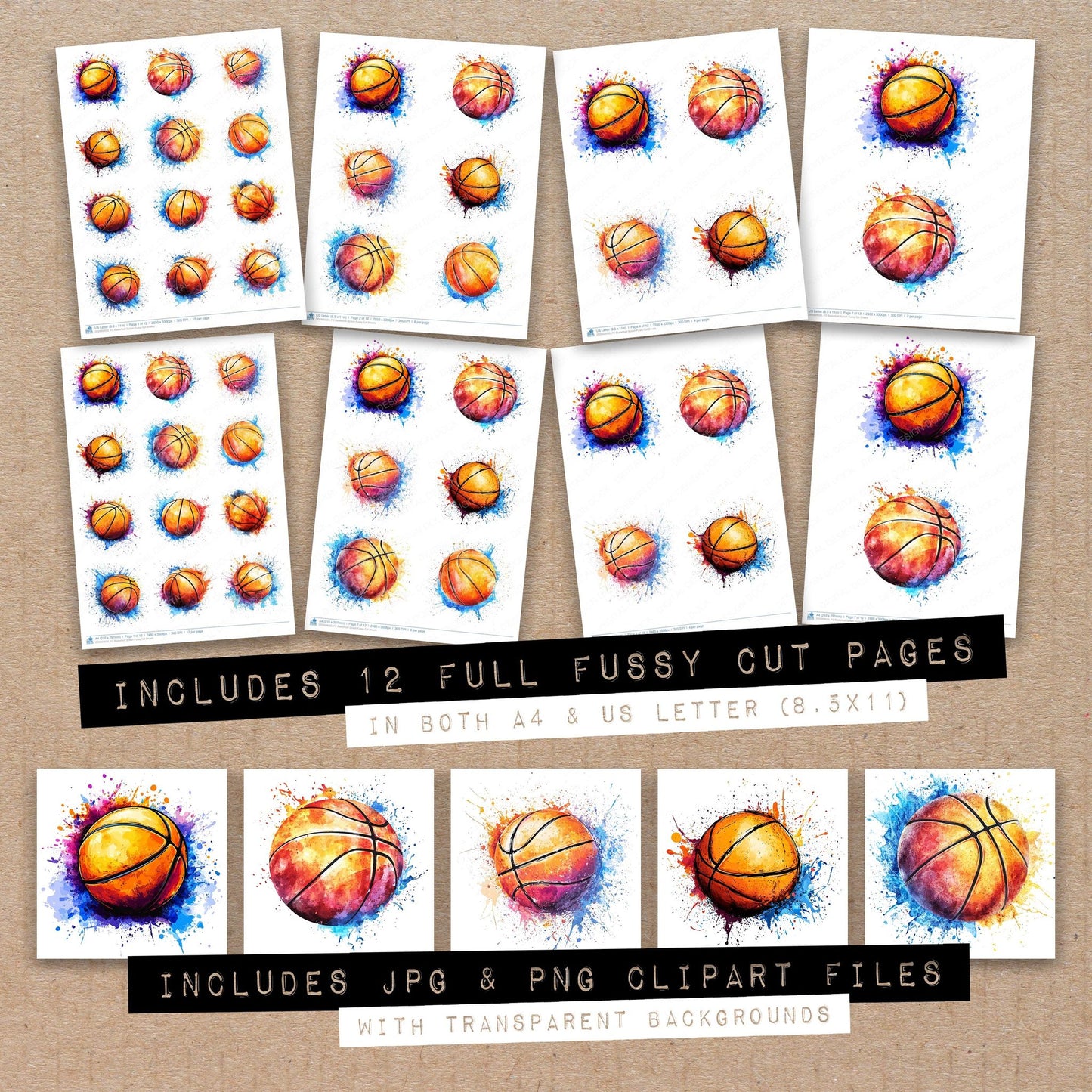 Full collection view of Basketball Splash fussy cut sheets with bonus clipart JPG and PNG files