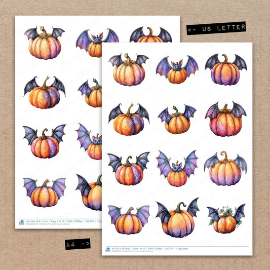 A4 and US Letter format comparison showing Bat Wing Pumpkin fussy cut pages for print and cut crafting