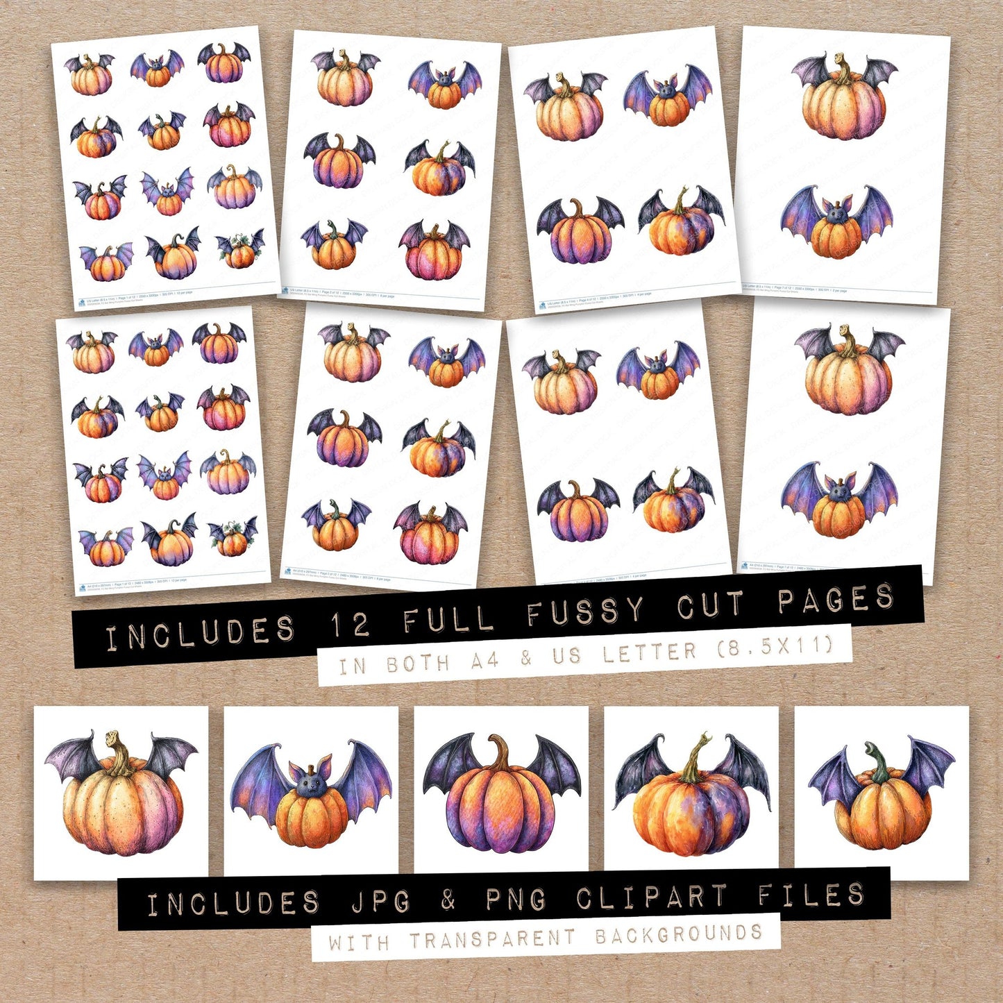 Full collection view of Bat Wing Pumpkin fussy cut sheets with bonus clipart JPG and PNG files