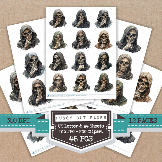 Be Quiet Grim Reaper fussy cut printable sheets for junk journaling, scrapbooking, and paper craft projects